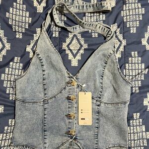 Denim Halter Top with Button Details